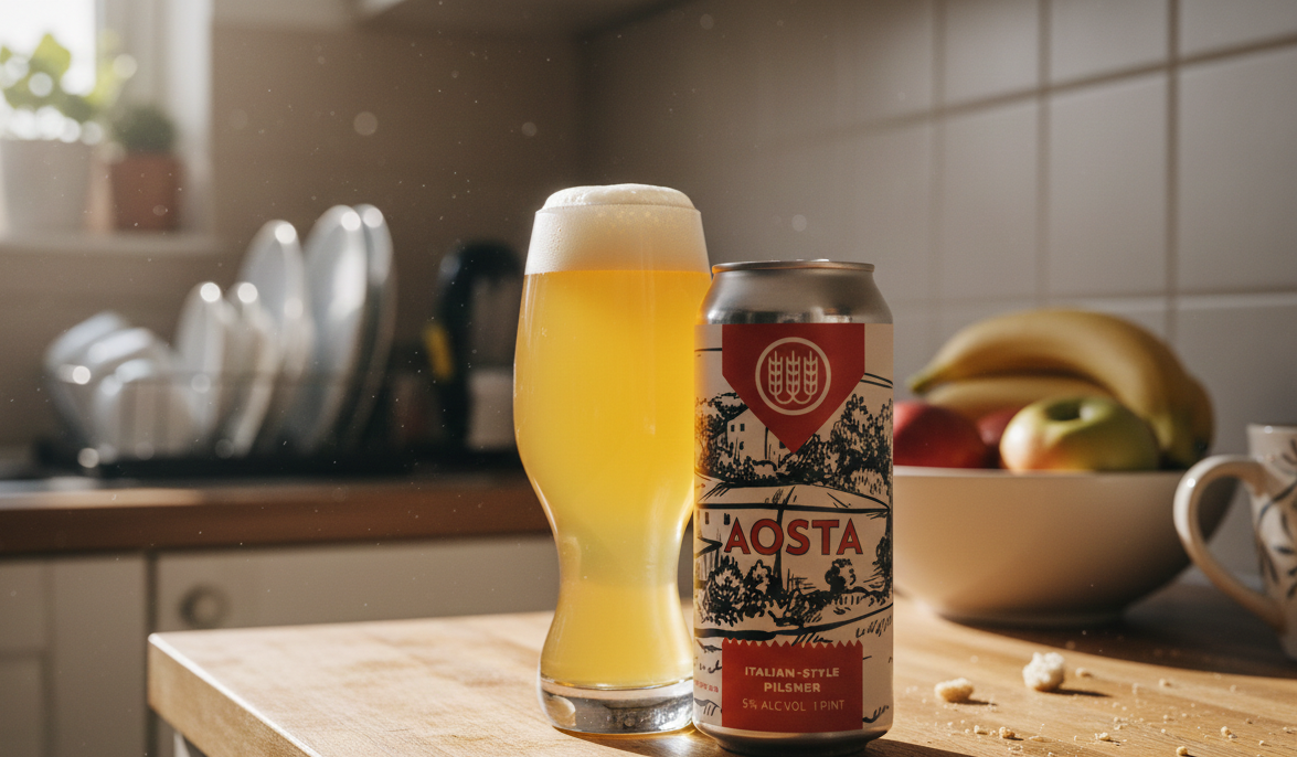 The image shows a glass of Aosta beer, its light golden hue shining brightly in the afternoon sun - Aosta: The Alpine Melody in Every Drop of Pure Lager.