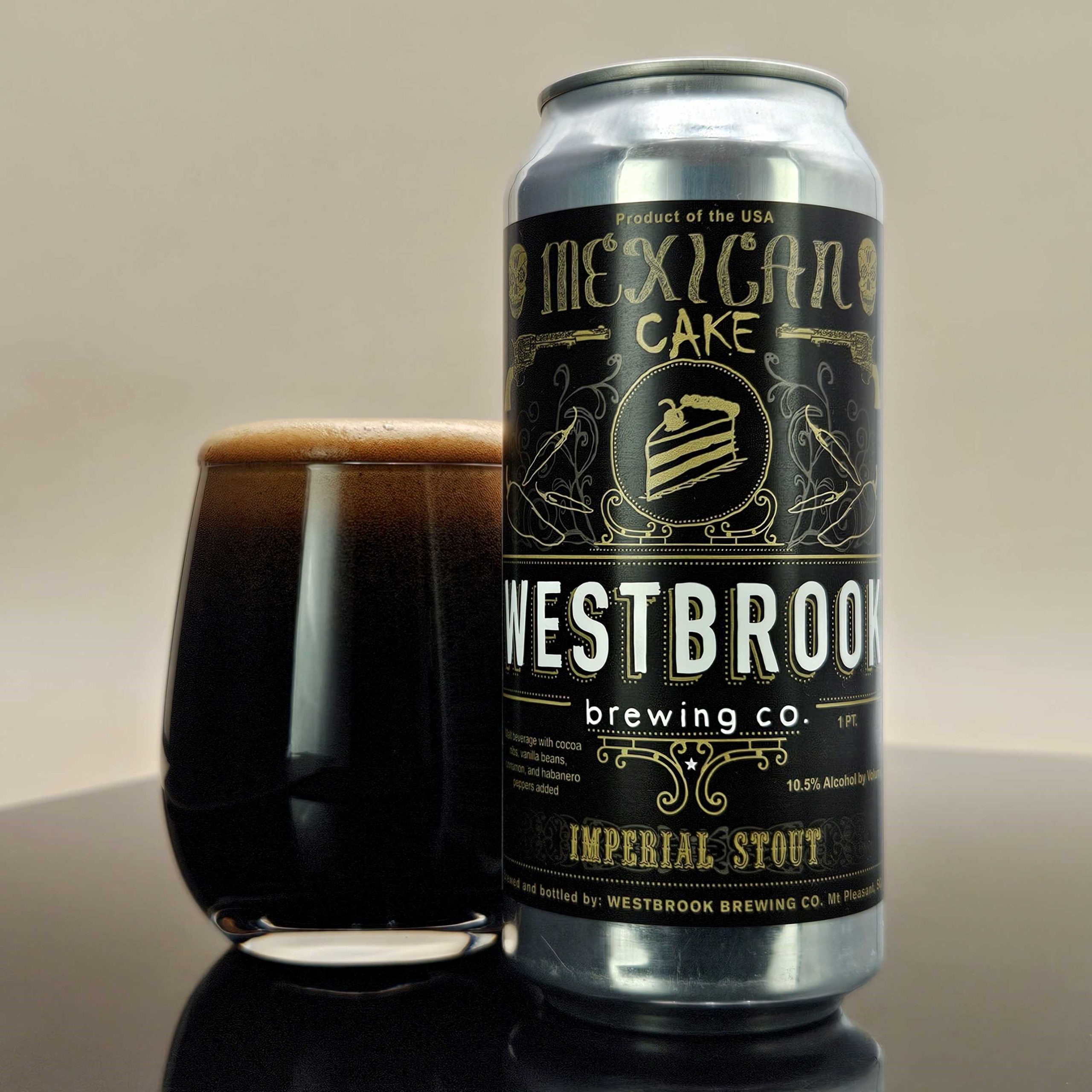 The image shows a Mexican Cake beer glass with a thick, dark, and mysterious scaled-down color - Mexican Cake: The Enchanting Story of a Dark Dream.