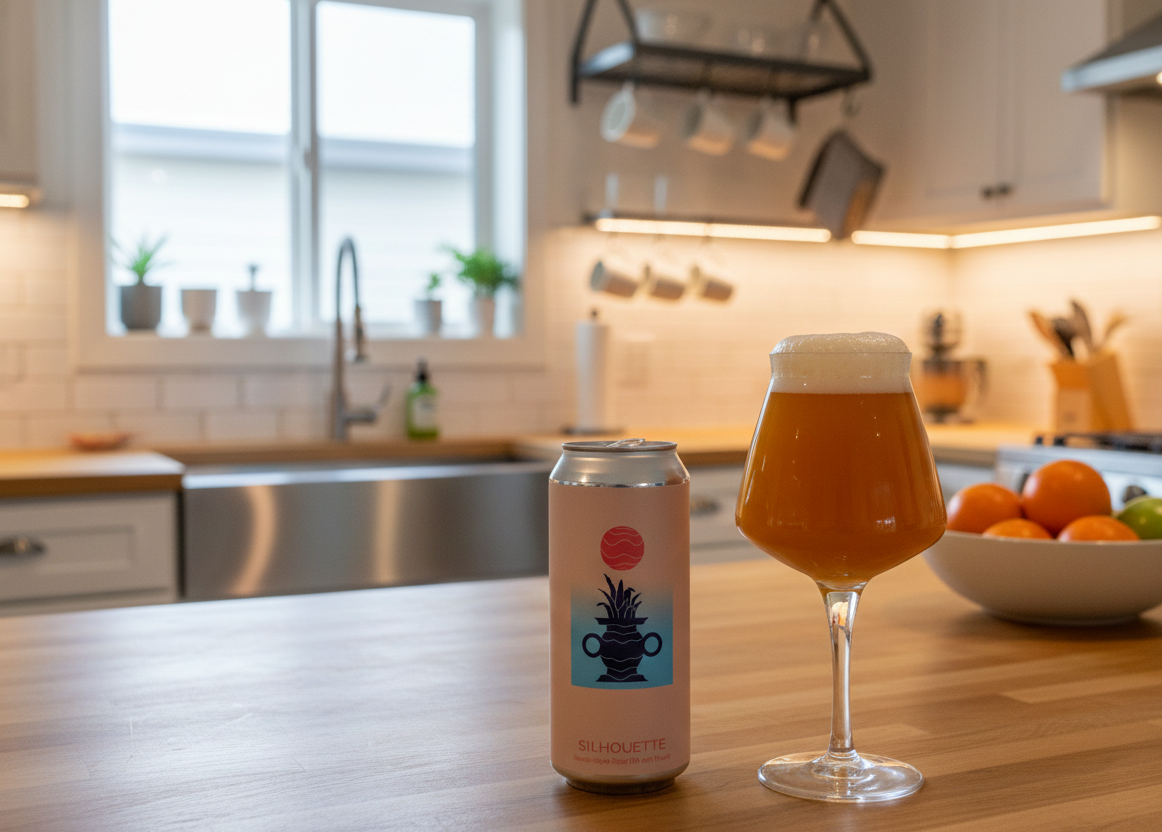 Das Bild zeigt ein Glas Silhouette Peach Bier in seiner verführerischen, undurchsichtigen gelben Farbe – Silhouette – Peach: Das Getränk für ätherische Momente
