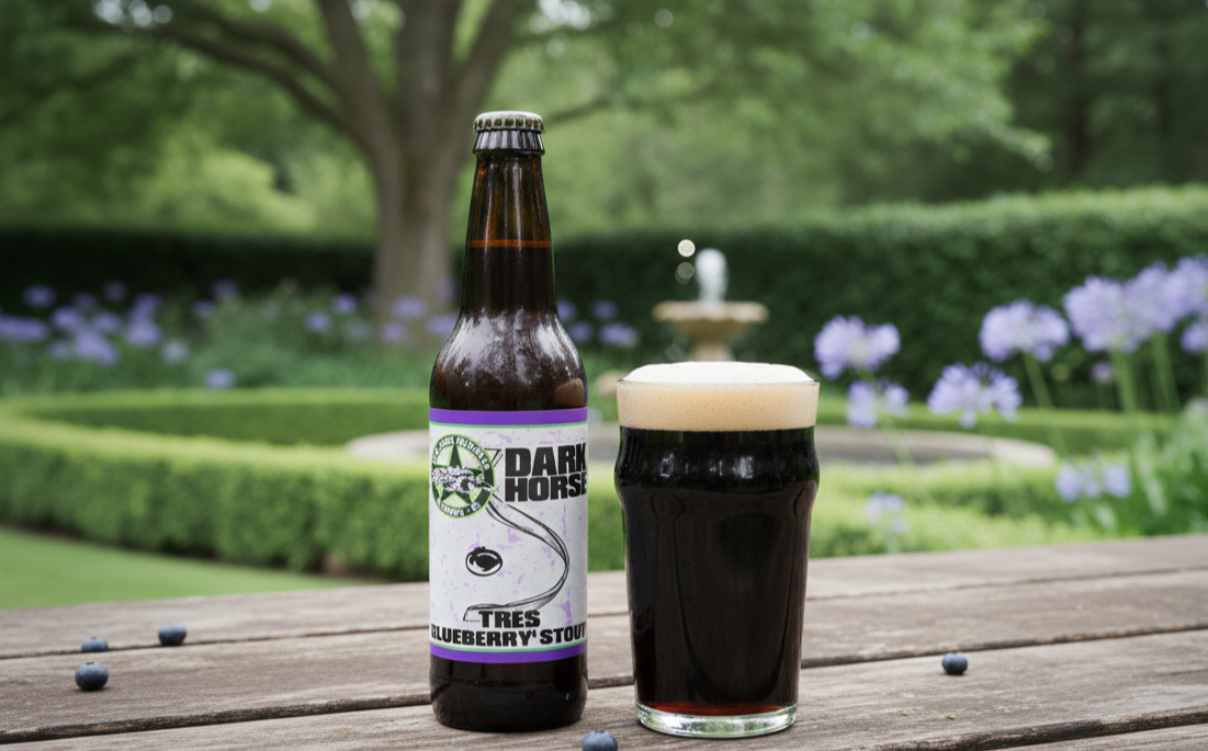 The image shows a glass of Tres Blueberry Stout with a mysterious and enigmatic black color - Tres Blueberry Stout: A Sweet Silence in the Dark Night