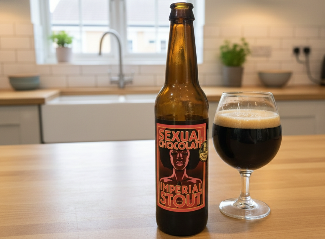 この画像には、照明さえ暗くしなければならないほど濃いビールのグラスが写っています - セクシャルチョコレート - 樽熟成: 冬の夜の魅惑的なダークな余韻。