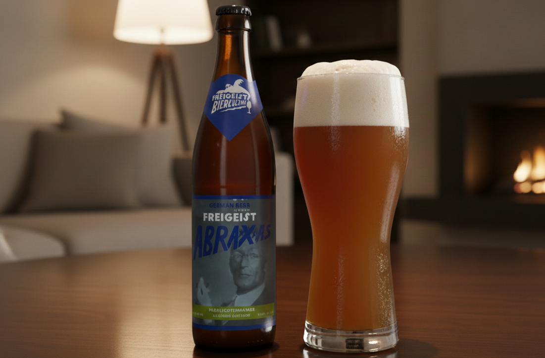 この画像には、魅惑的な濃い黄色のビールが入ったグラスが写っています - Abraxxxas - Pear: A Culinary Adventure with Crystal Beer。