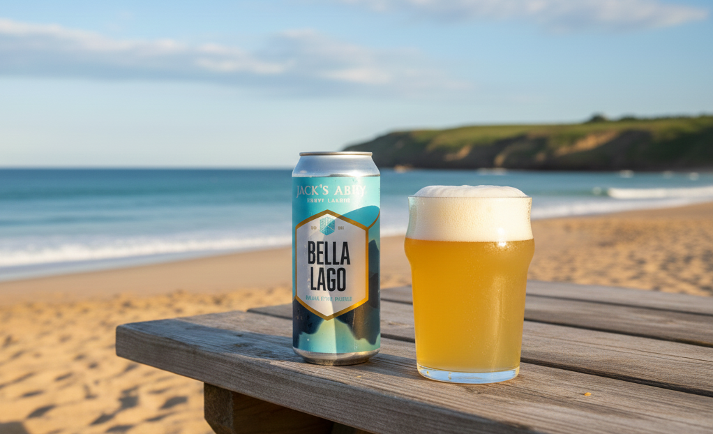 The image shows a glass of beer with a light golden hue reflected in a pure, shimmering gold - Bella Lago: An Emotional Journey with Golden Beer.