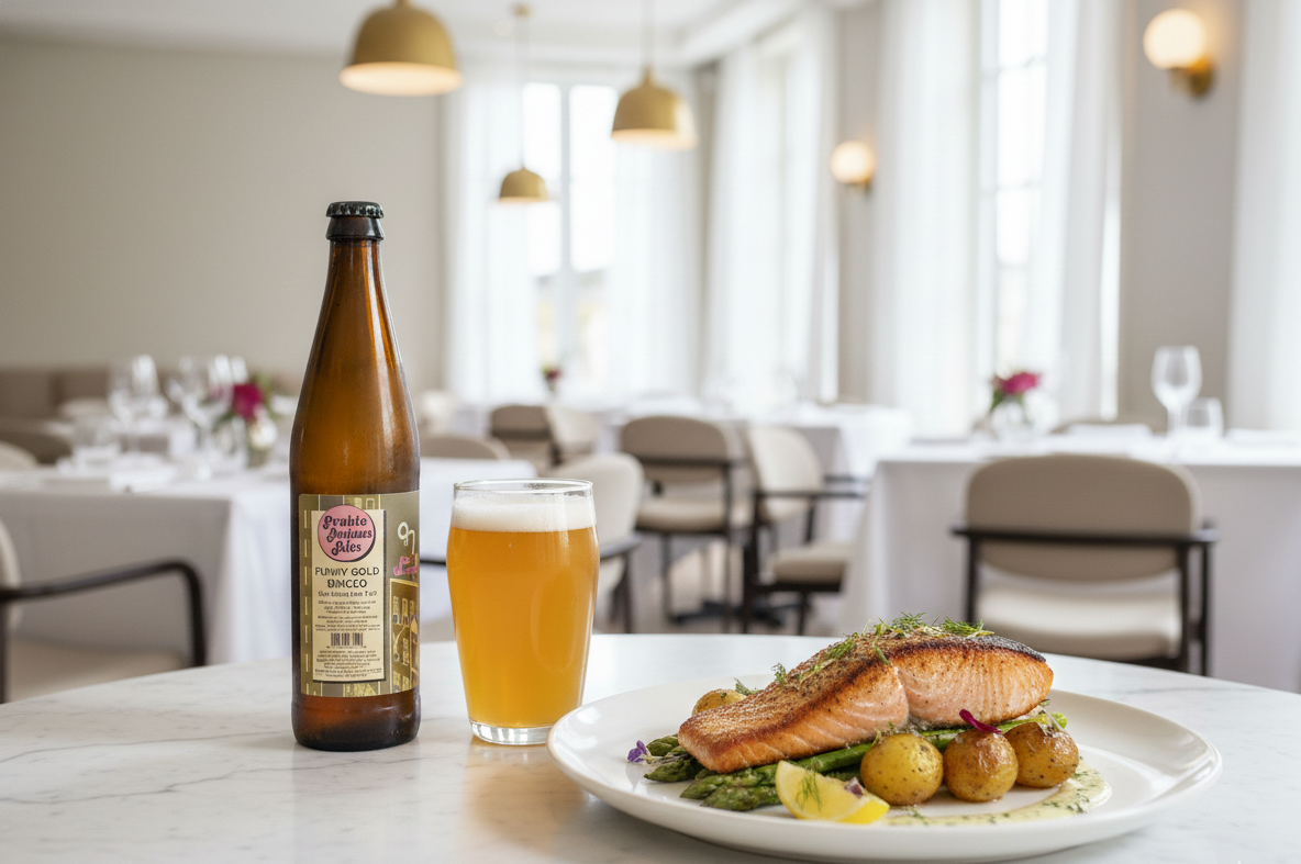 The aroma of Funky Gold Simcoe combined with the rich, creamy taste of salmon creates a new experience - Funky Gold Simcoe: Rebellion in a Bottle.