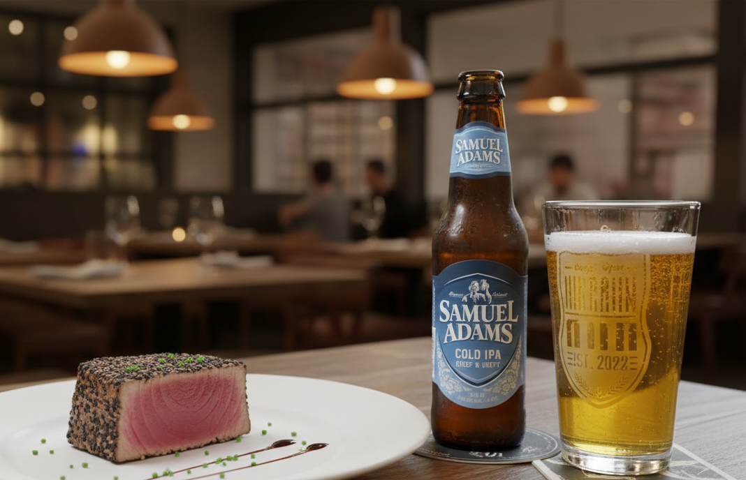 Frische, köstliche, in der Pfanne gebratene Thunfischfilets passen hervorragend zu diesem Bier - Cold IPA: Tauchen Sie ein in das kalte Bier.