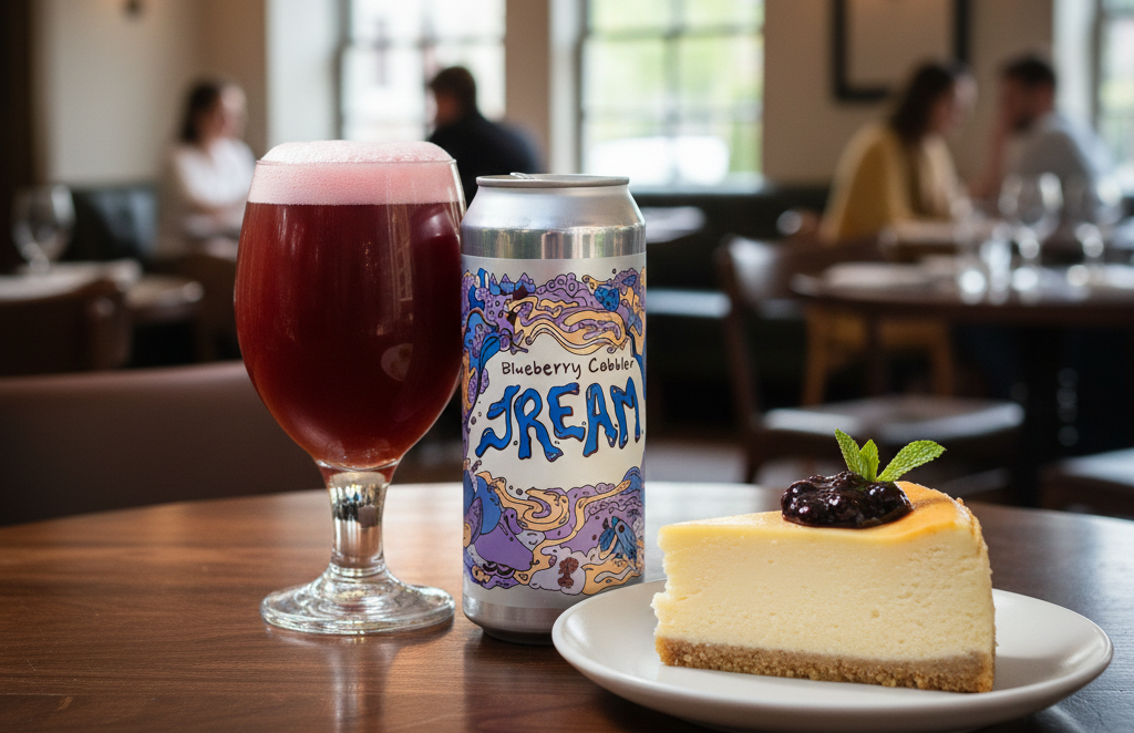 This soft, creamy, and sweet cheesecake slice is the ideal partner for JREAM Blueberry Cobbler - JREAM - Blueberry Cobbler: Breaking the Beer Glass Mold