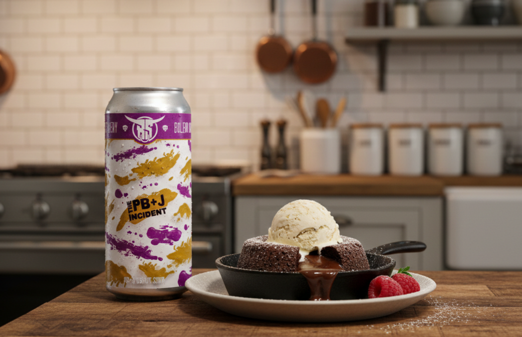 Warm chocolate cake is the perfect companion to this beer - The PB+J Incident: Sweet Melodies Brewed in Yeast.