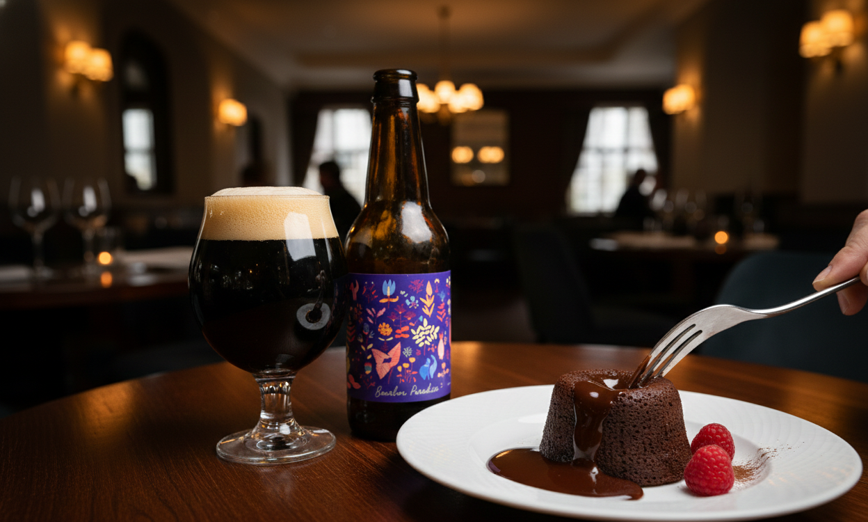 Der geschmolzene Schokoladenkuchen, kombiniert mit der Bitterkeit des Bieres, schafft eine unvergessliche Erinnerung – Bourbon Paradise: Der Hauch von Eiche und eine wortlose Geschichte.