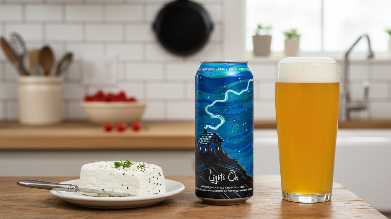 The fresh chevre cheese appetizer pairs perfectly with this beer - Lights On: A Glass of Beer Shines Amidst the Misty Fog.
