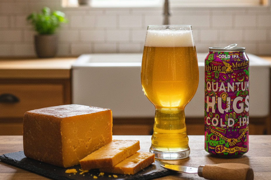 This rich and creamy Cheddar cheese is perfectly suited to be enjoyed with this beer - Quantum Hugs Cold IPA: Where Excellence is Encapsulated