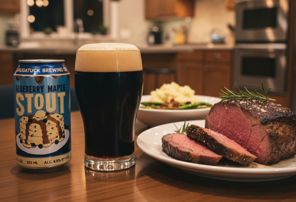 A perfect evening is defined by the smoky aroma of grilled beef and the sweet flavor of Blueberry Maple Stout - Blueberry Maple Stout: Immerse Yourself in a Sweet Dark Night