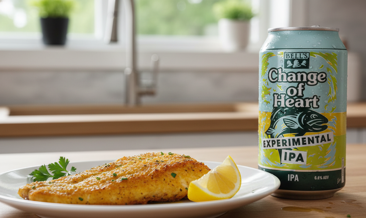 A piece of golden-brown fried fish is a perfect pairing for this beer - Change of Heart Experimental Cold IPA: A Warm and Invigorating Beer.