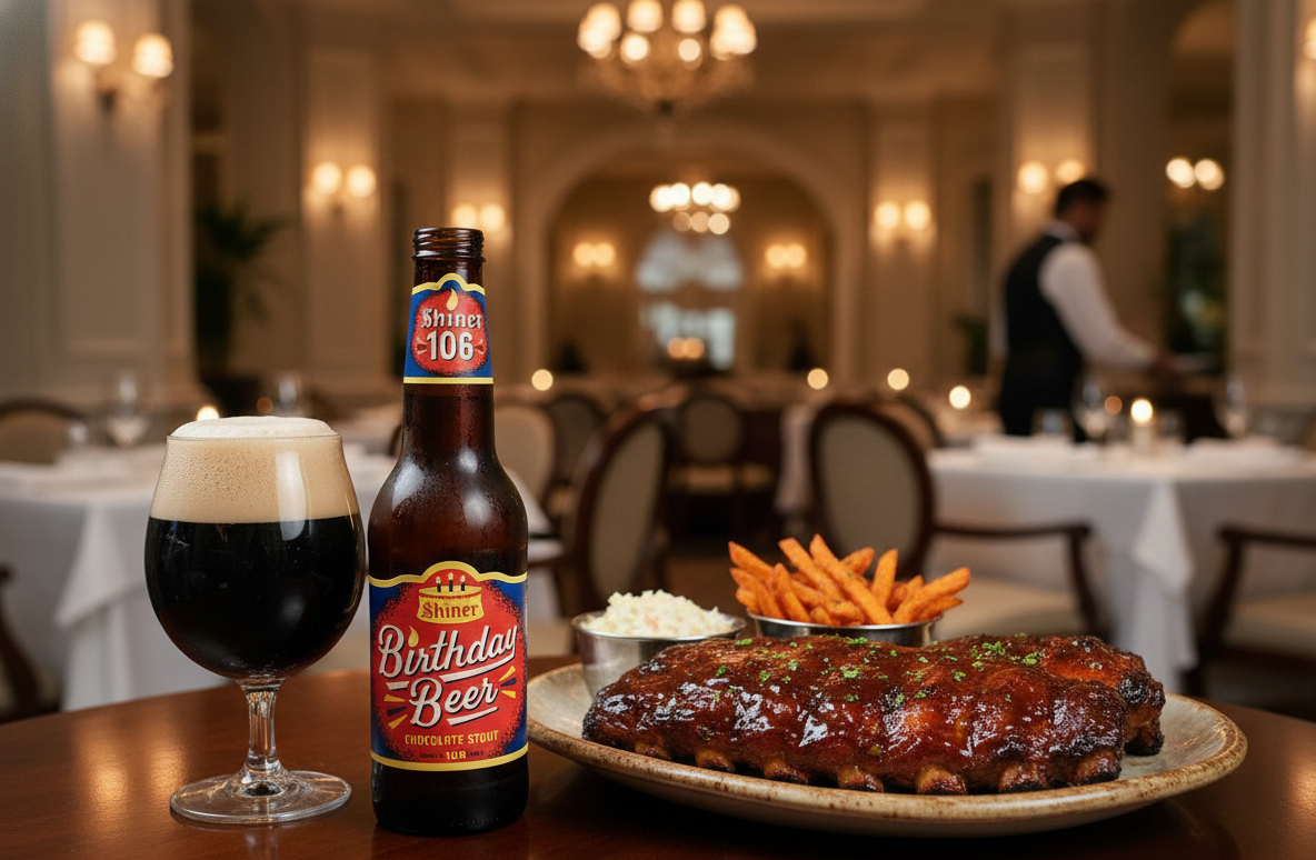 Gegrillte Schweinerippchen, gepaart mit einem Glas süßem Chocolate Stout Bier, ergeben ein bezauberndes Geschmackserlebnis – Shiner Birthday Beer 106 – Chocolate Stout: Aus dem Herzen von Texas