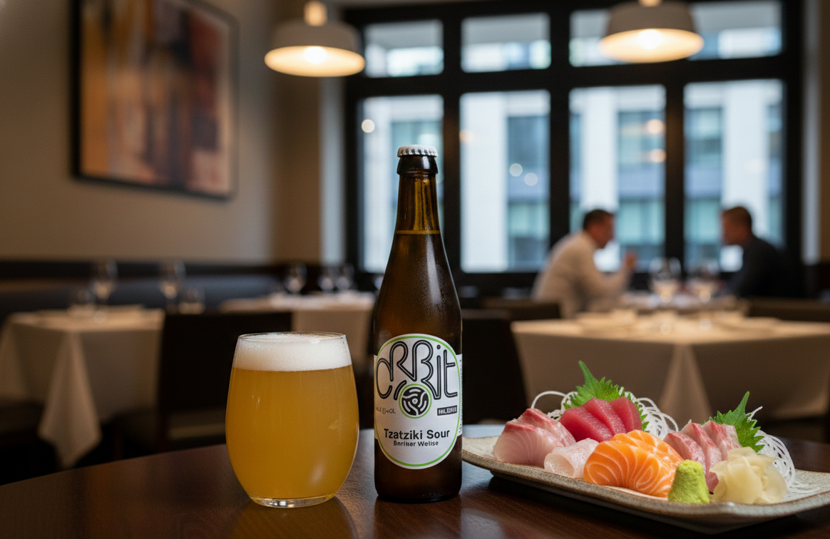 The tangy, cucumber-flavored beer enhances the original sweetness of the sashimi - Tzatziki Sour: A Wind from a Parallel Universe