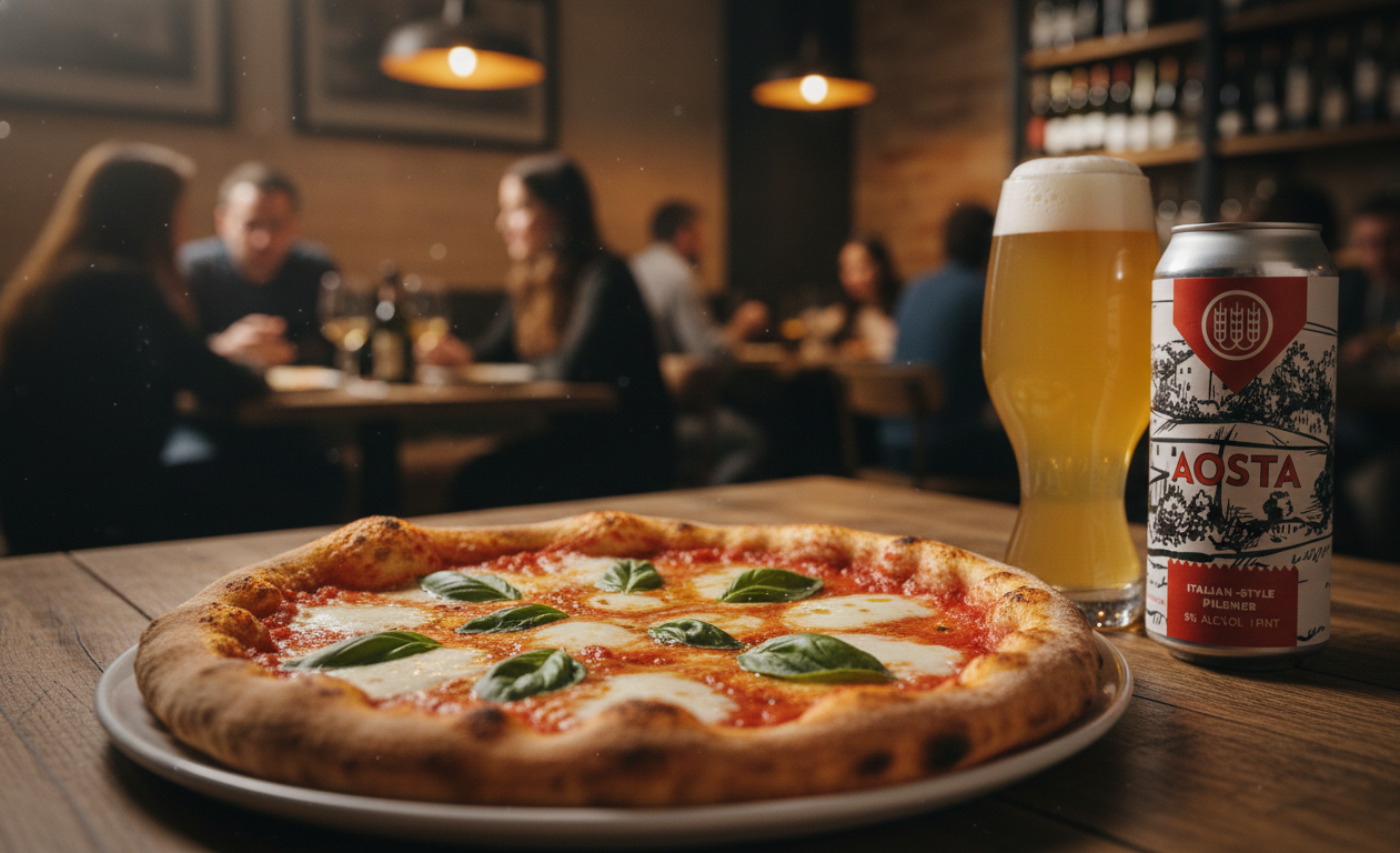 The fresh, floral aroma of Aosta Italian Pilsner elevates the simple Margherita pizza - Aosta: The Alpine Melody in Every Drop of Pure Lager