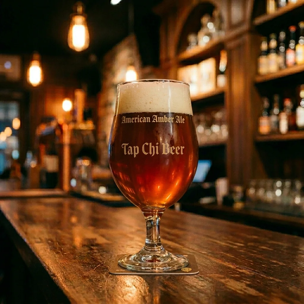 Ein Glas American Amber Ale, ein tief bernsteinrotes Bier mit cremiger Schaumkrone.