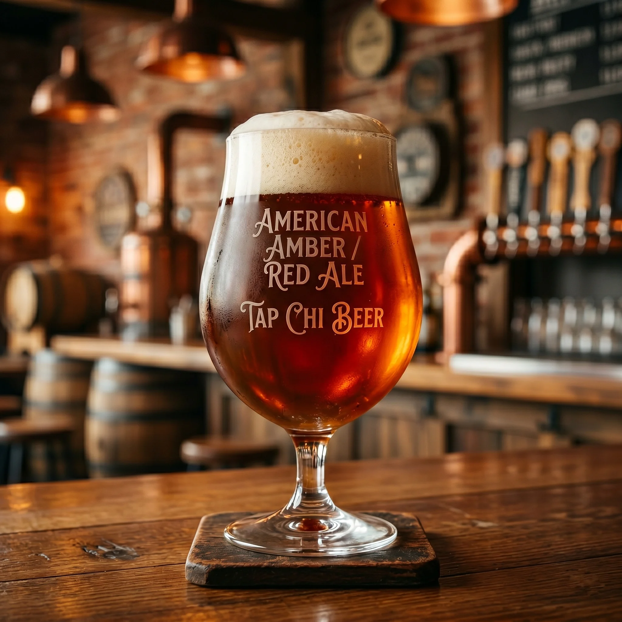 アメリカンアンバーエール – アメリカンスタイルのアンバービール クリーミーな泡を持つ濃い琥珀色のビール、アメリカン アンバー エールのグラス。