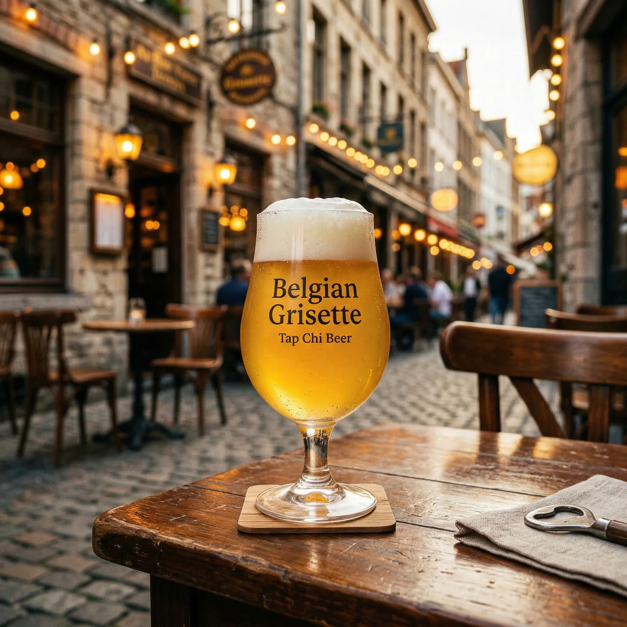 Ly Belgian Grisette màu vàng nhạt với lớp bọt trắng dày