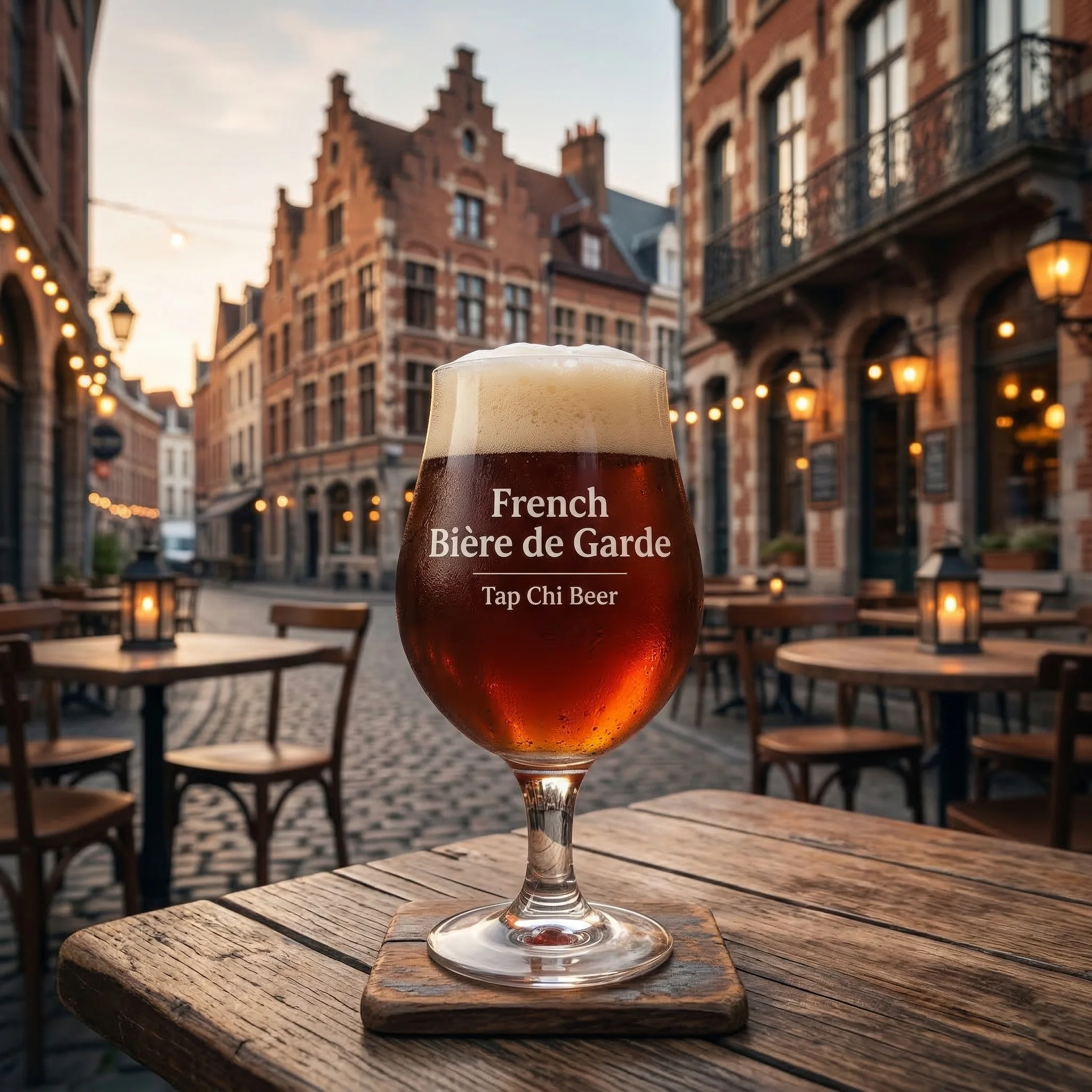 Ly Bière de Garde màu hổ phách với lớp bọt trắng dày