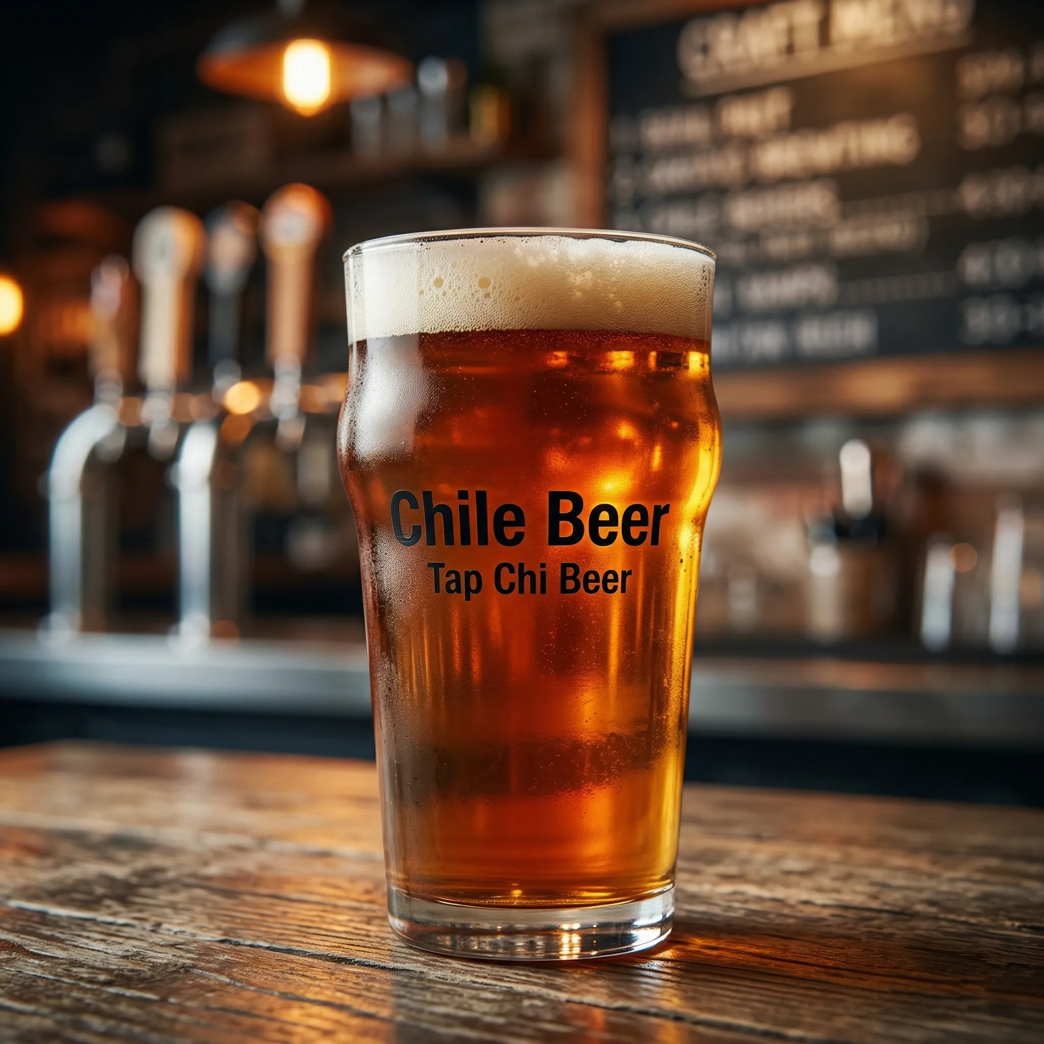 琥珀色のチリ産ビールで、白い泡が特徴的。