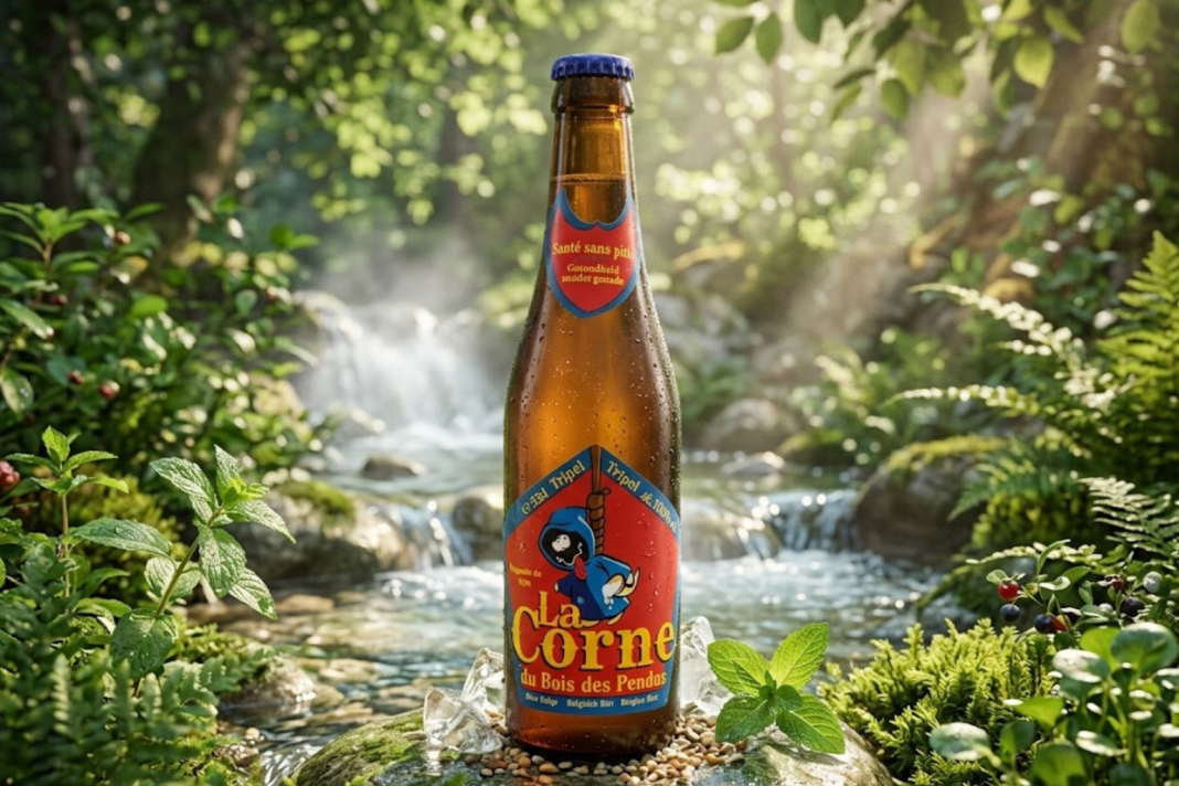 A refreshing bottle of La Corne Triple beer amidst nature.