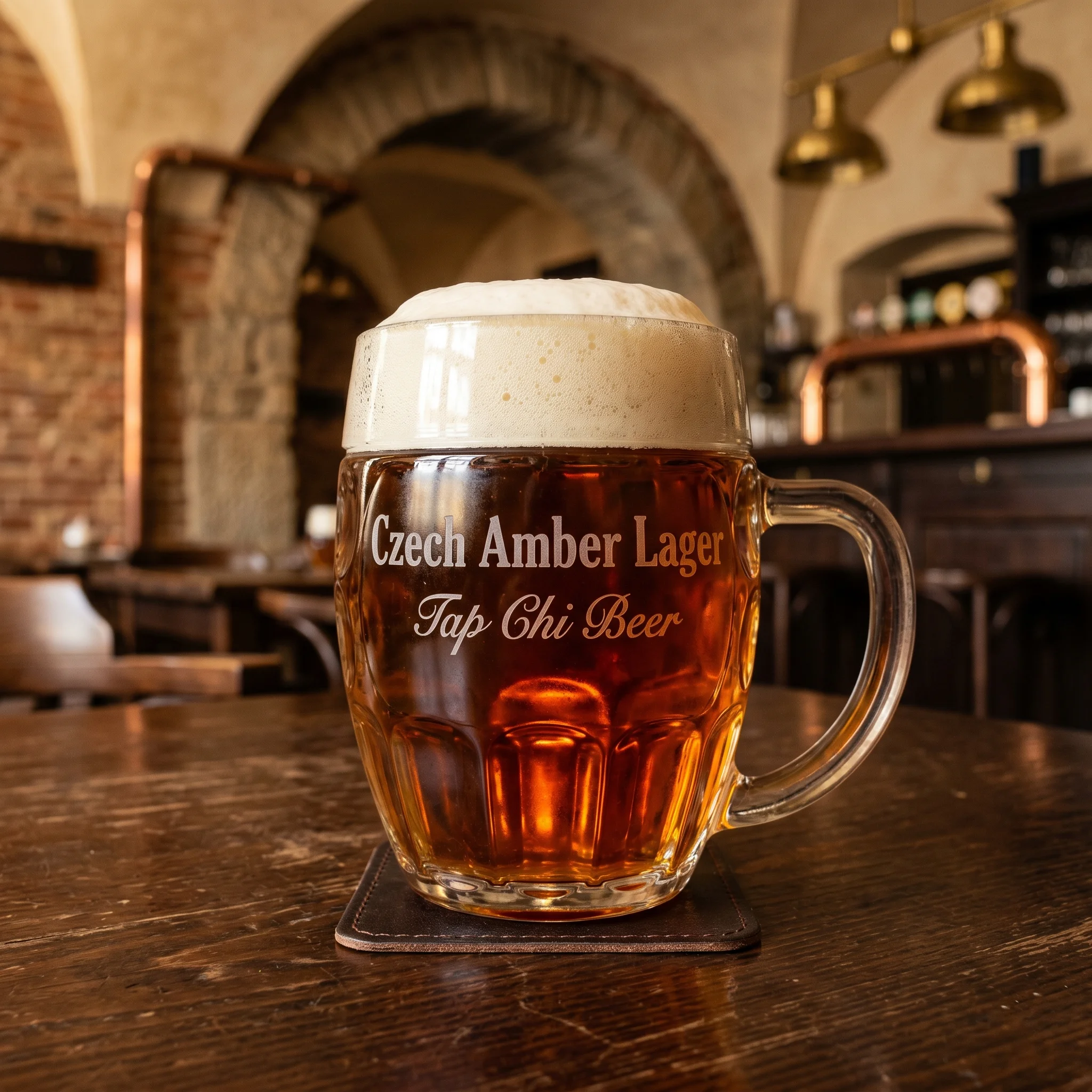 Das Czech Amber Lager hat eine satte Bernsteinfarbe und eine dicke, cremeweiße Schaumkrone.
