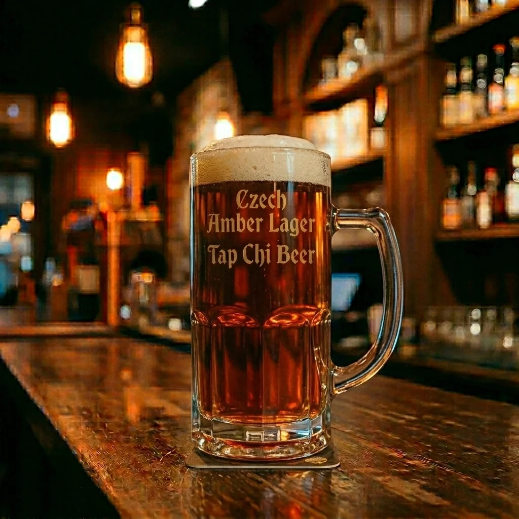 Das Czech Amber Lager hat eine satte Bernsteinfarbe und eine dicke, cremeweiße Schaumkrone.