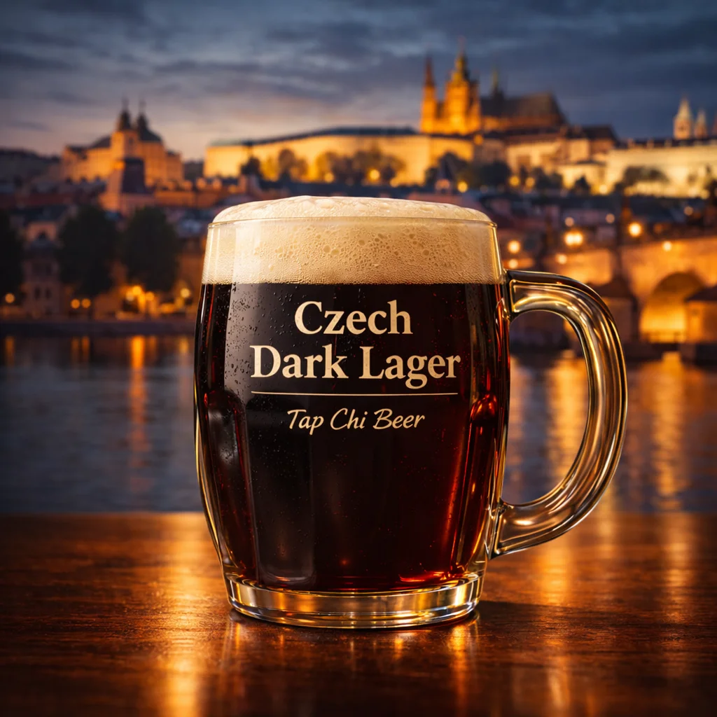 Ly Czech Dark Lager màu nâu đen với lớp bọt kem