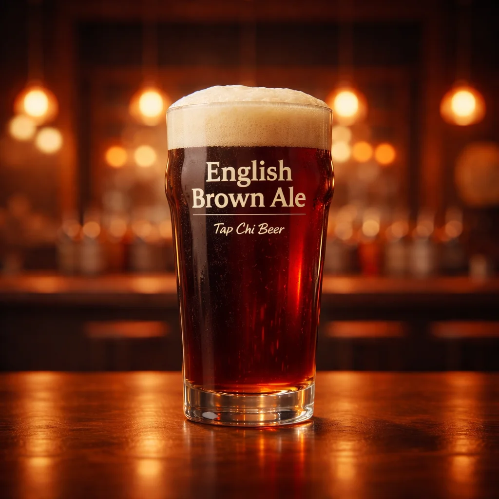 Ly English Brown Ale màu nâu với lớp bọt kem mịn