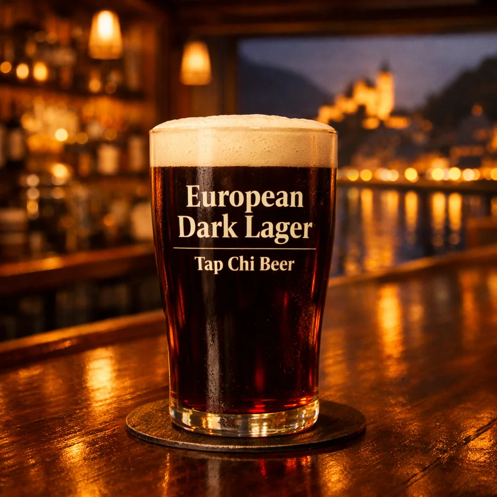 Ly European Dark Lager màu nâu sẫm với lớp bọt kem