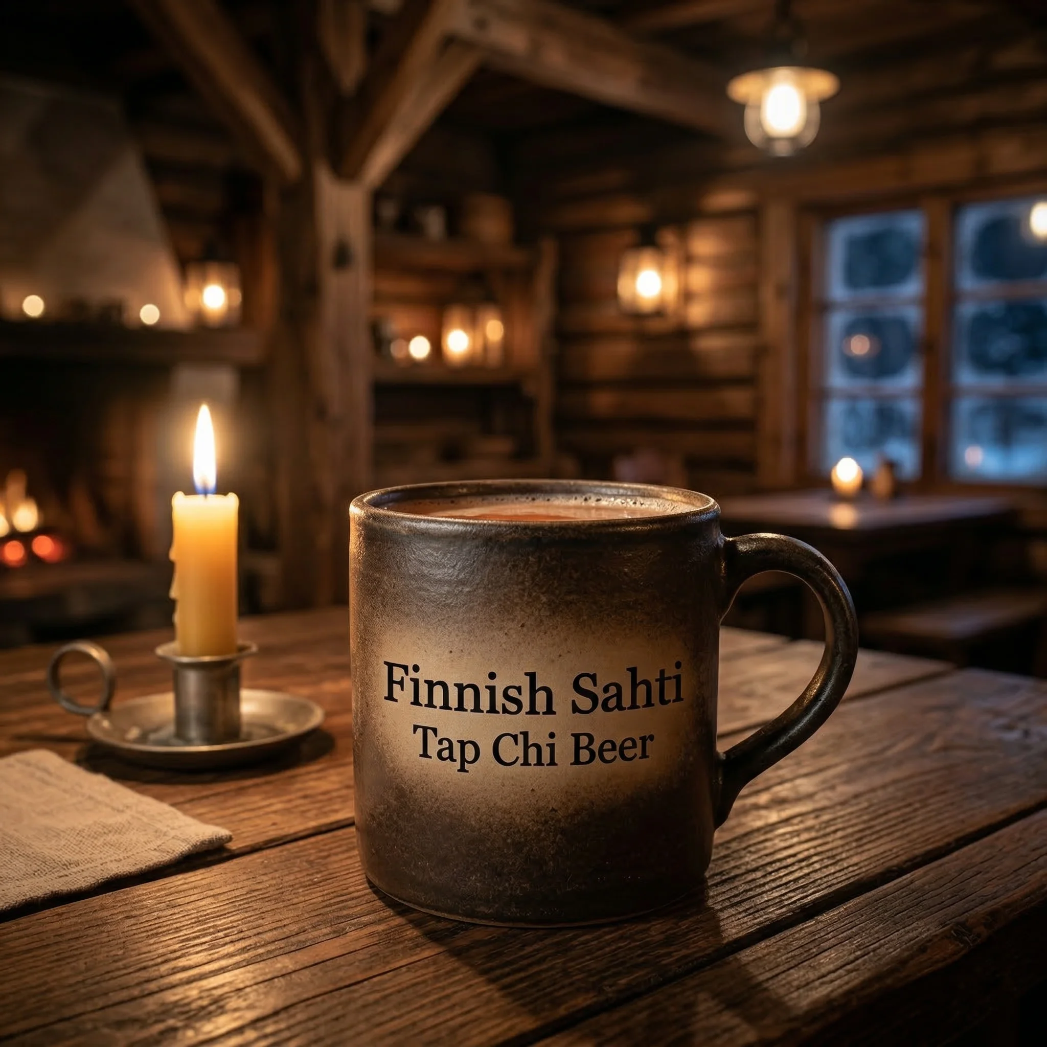Ly Finnish Sahti màu hổ phách đậm với lớp bọt nhẹ