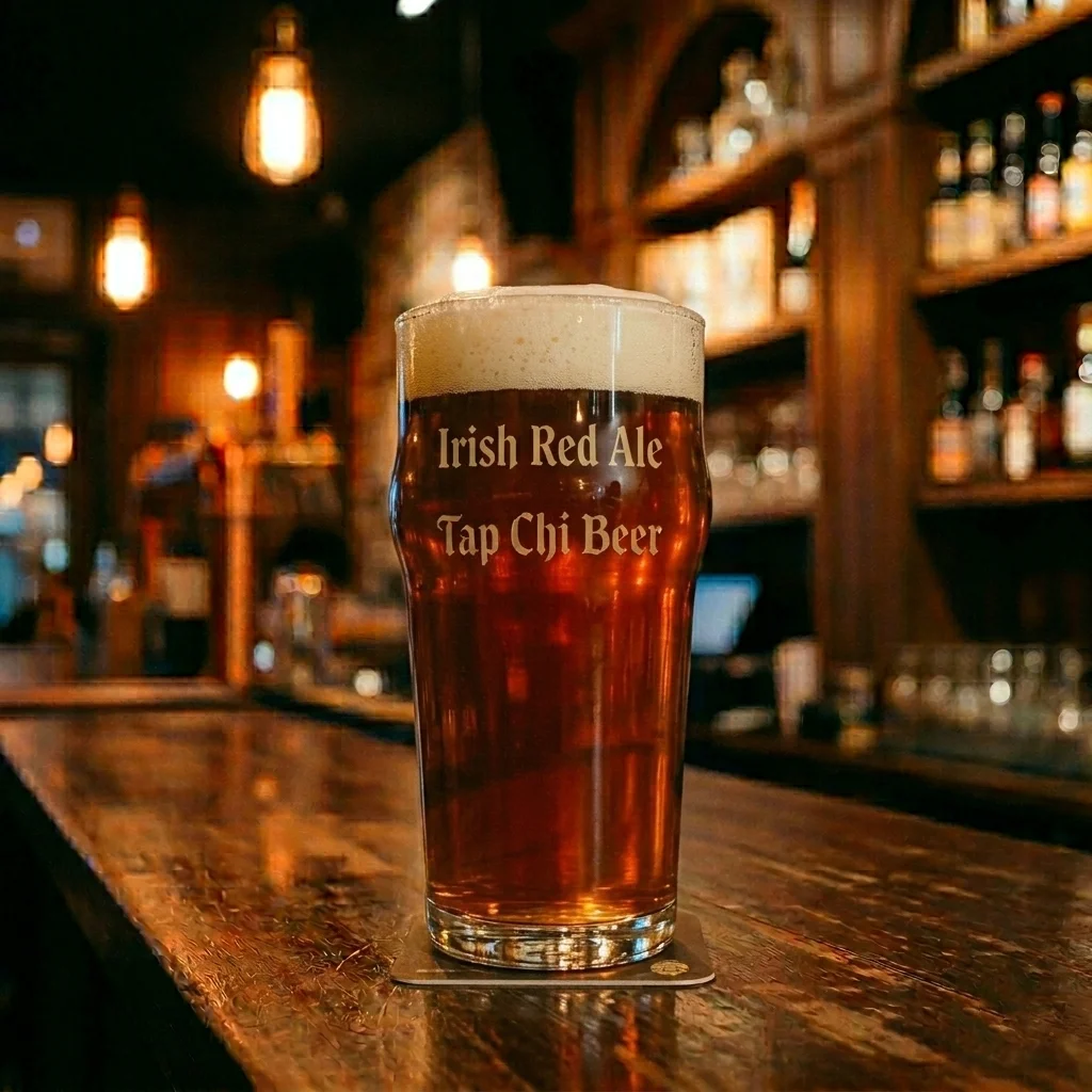 Ein Irish Red Ale mit bernsteinroter Farbe und cremiger Schaumkrone.