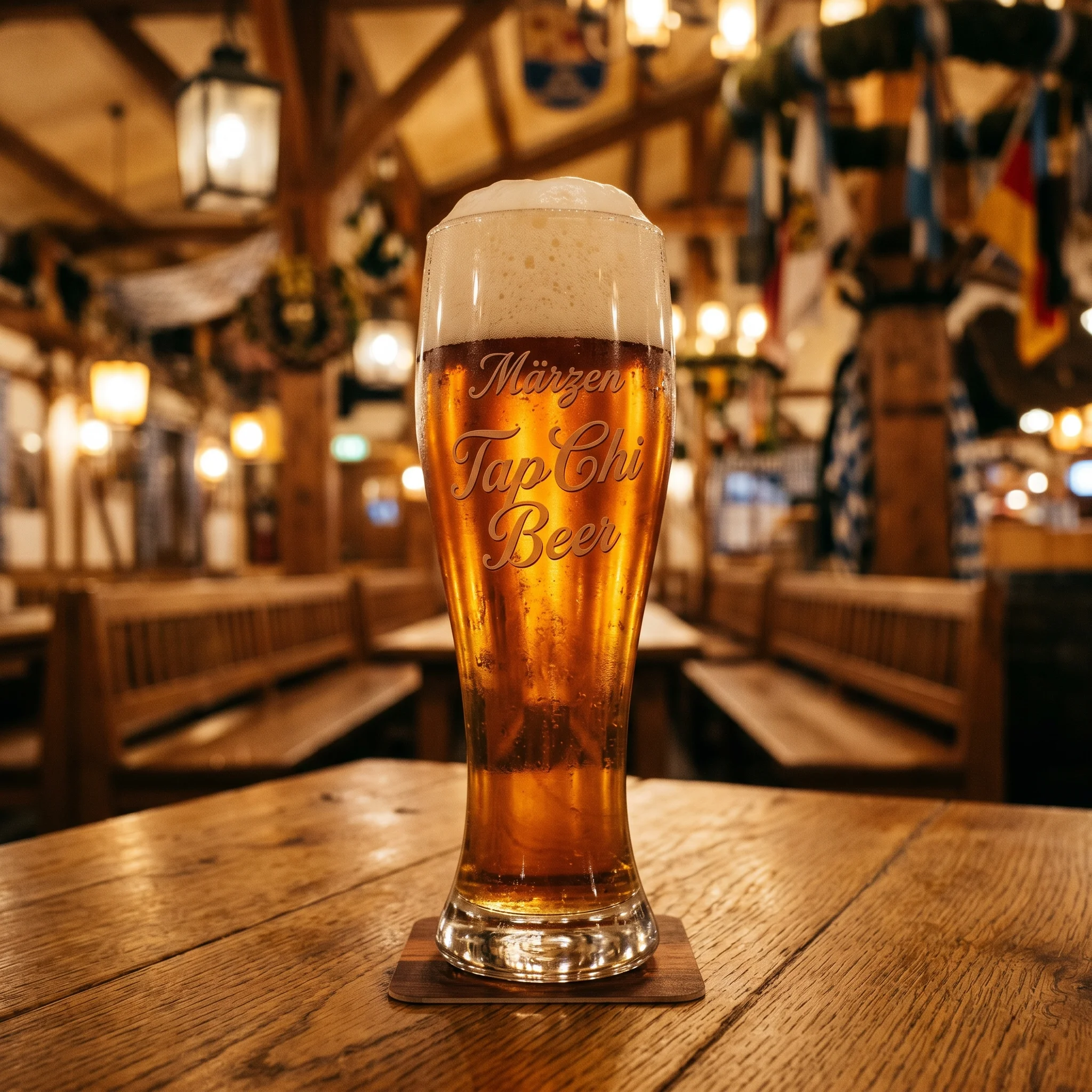 Märzen – a traditional German Oktoberfest lager beer. A glass of amber-colored Märzen beer with a creamy white head.