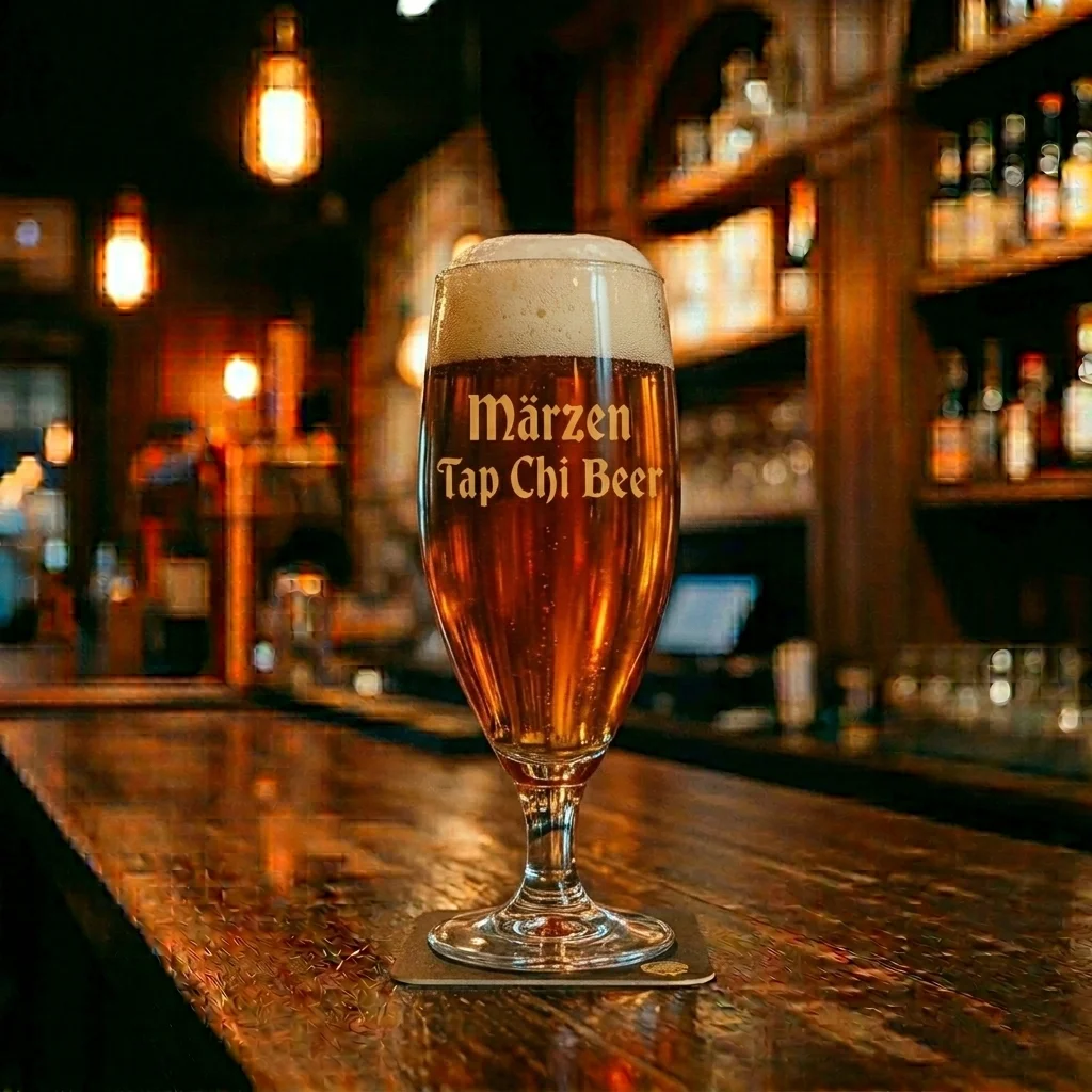 A glass of amber-colored Märzen beer with a creamy white head.