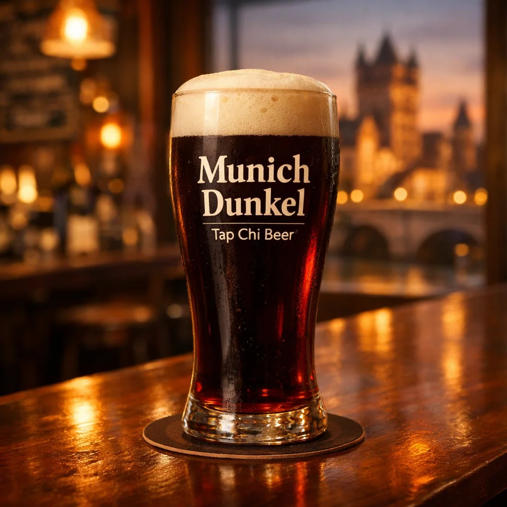 Ly Munich Dunkel màu nâu sẫm với lớp bọt kem