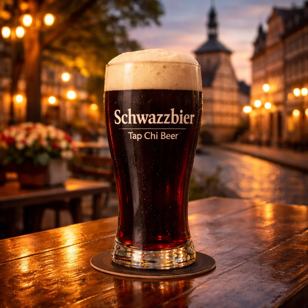 A black Schwarzbier with a creamy foam topping.