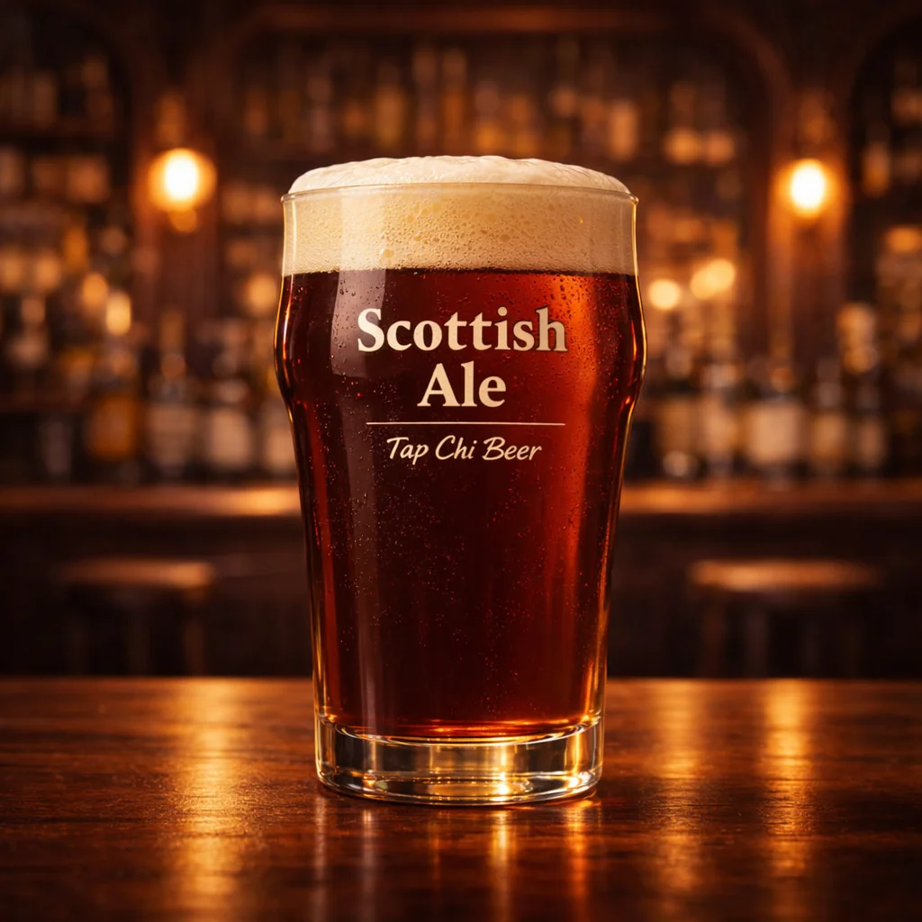 An amber-colored Scottish Ale with a creamy white head of foam.