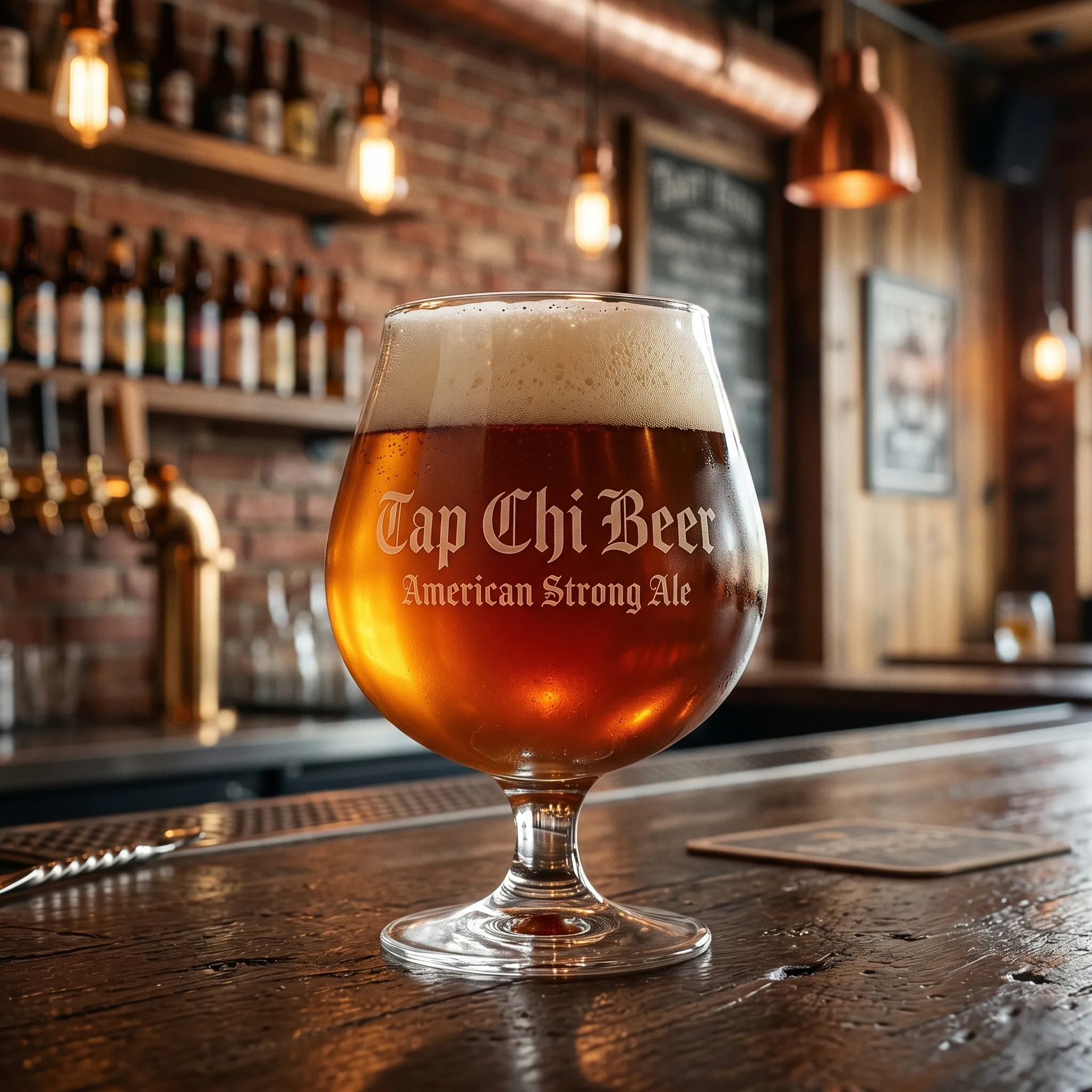 Ein Glas American Strong Ale, tief bernsteinfarben.