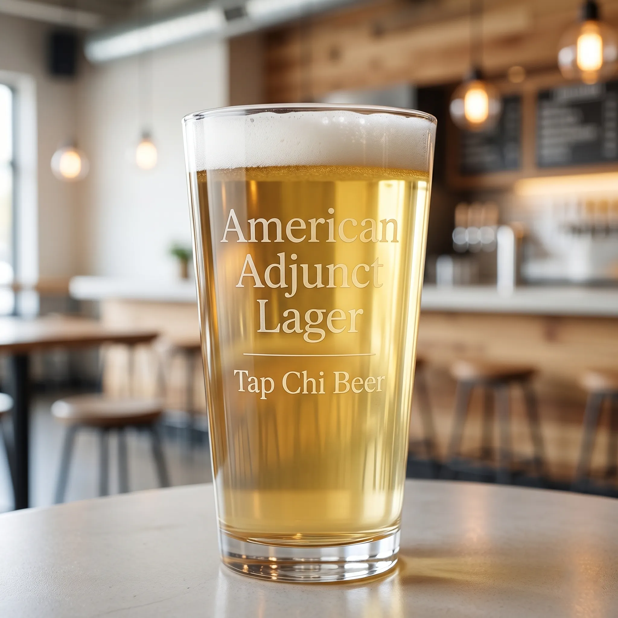 Ly American Adjunct Lager màu vàng rất nhạt với bọt trắng