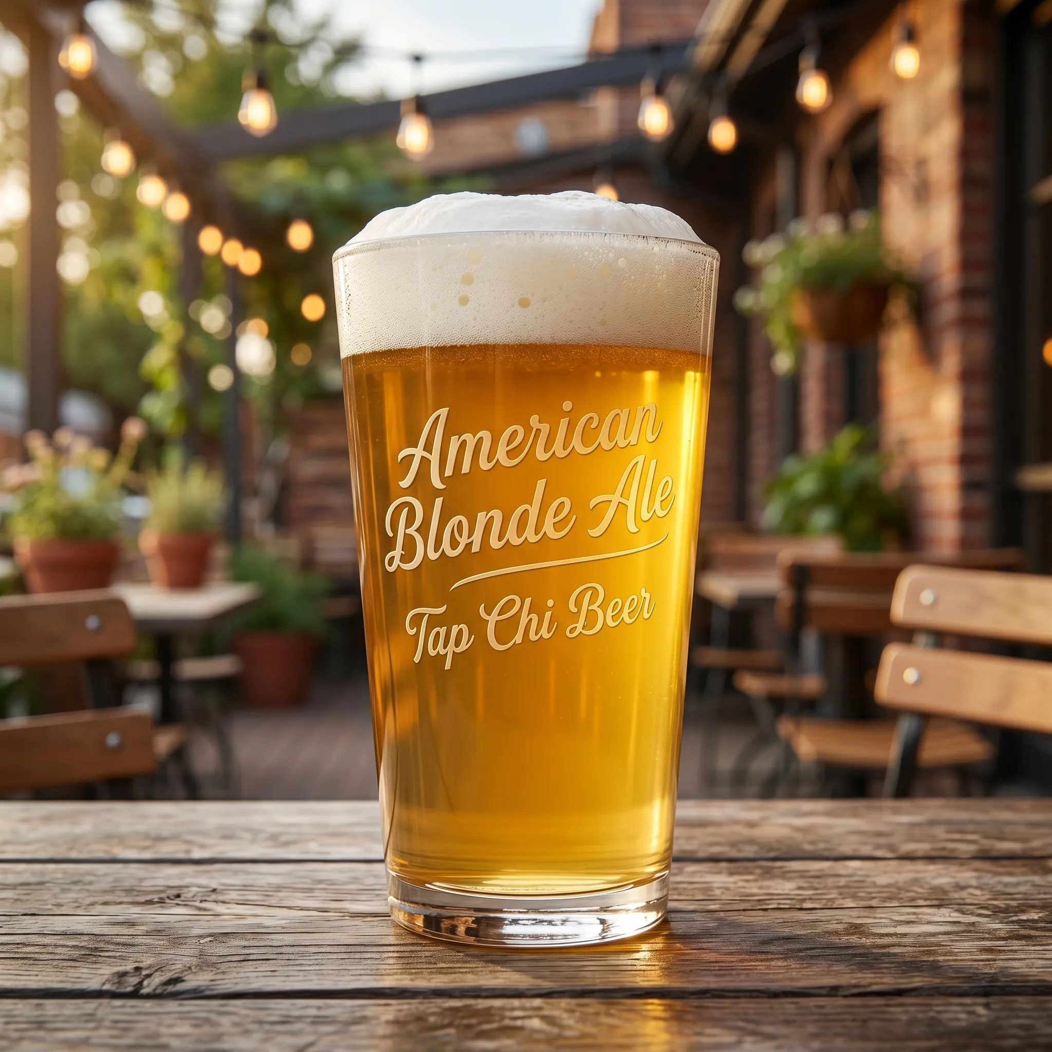 Ly American Blonde Ale màu vàng sáng với bọt trắng