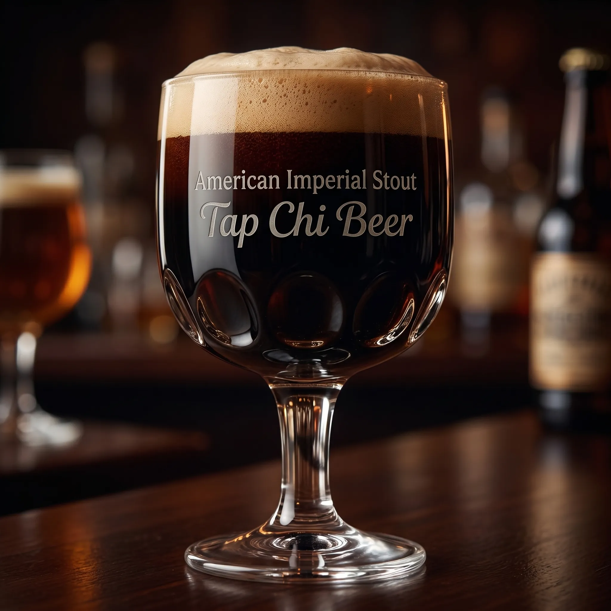 Ly American Imperial Stout màu đen với bọt dày
