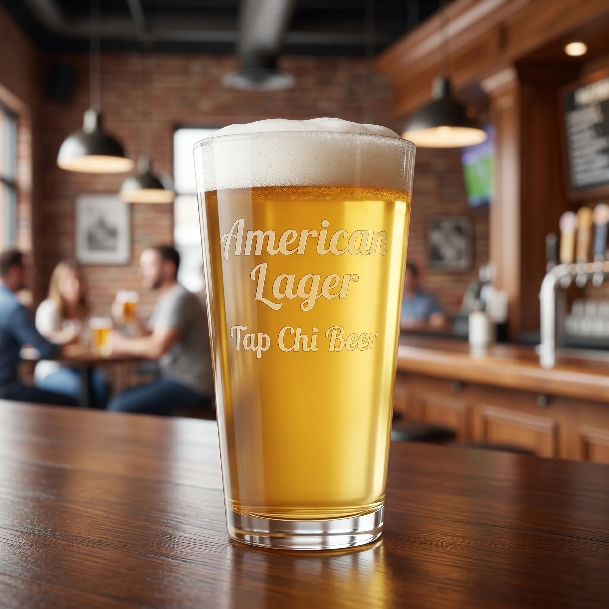 Ly American Lager màu vàng sáng trong suốt với bọt trắng