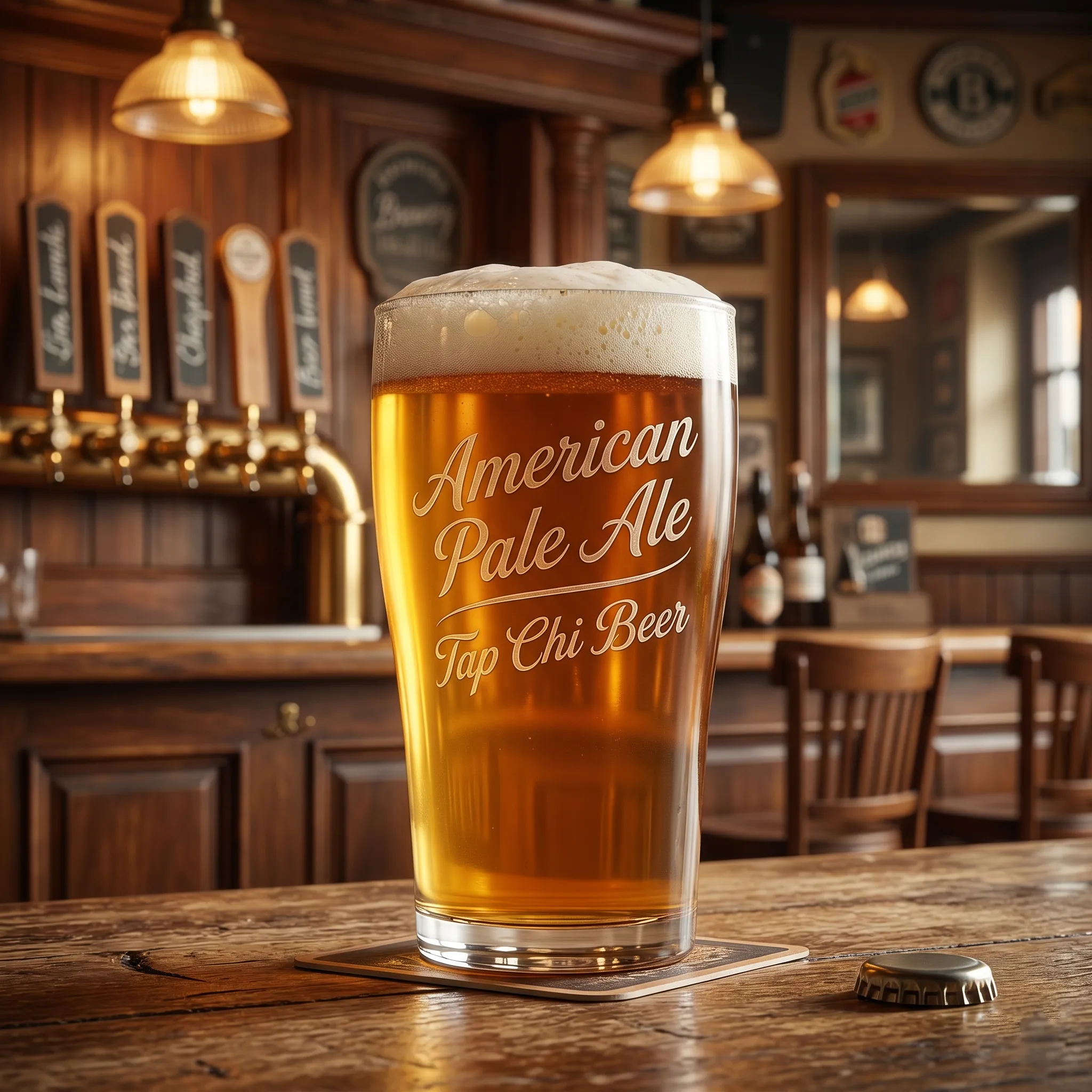 Ly American Pale Ale màu hổ phách với bọt trắng