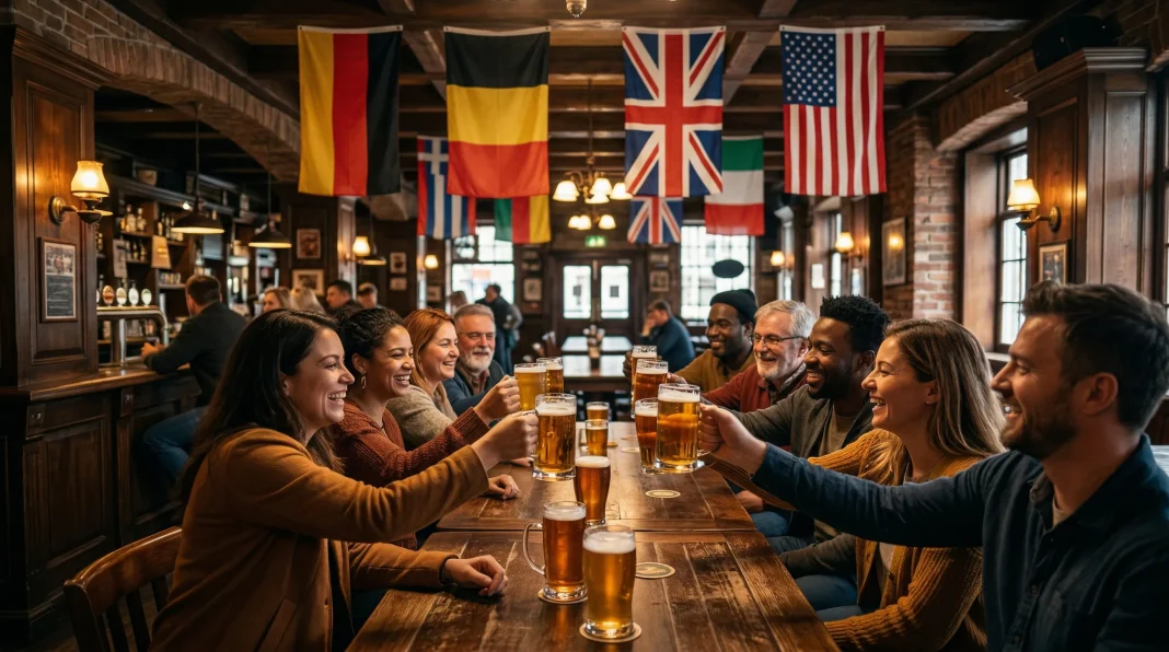 The pub, adorned with national flags, showcases the diverse beer cultures of the world.