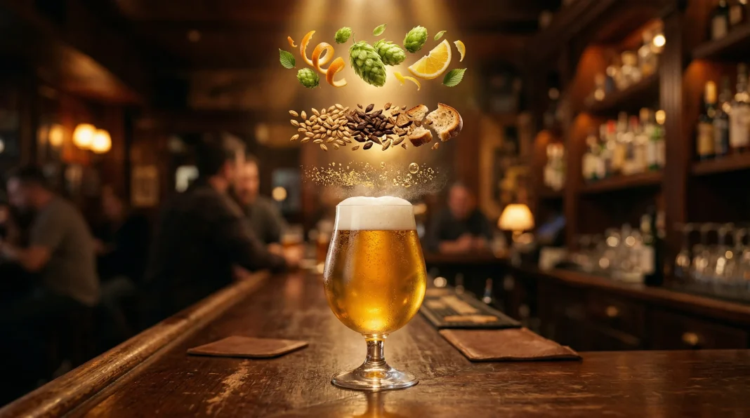 Các tầng hương vị beer bay phía trên ly craft beer