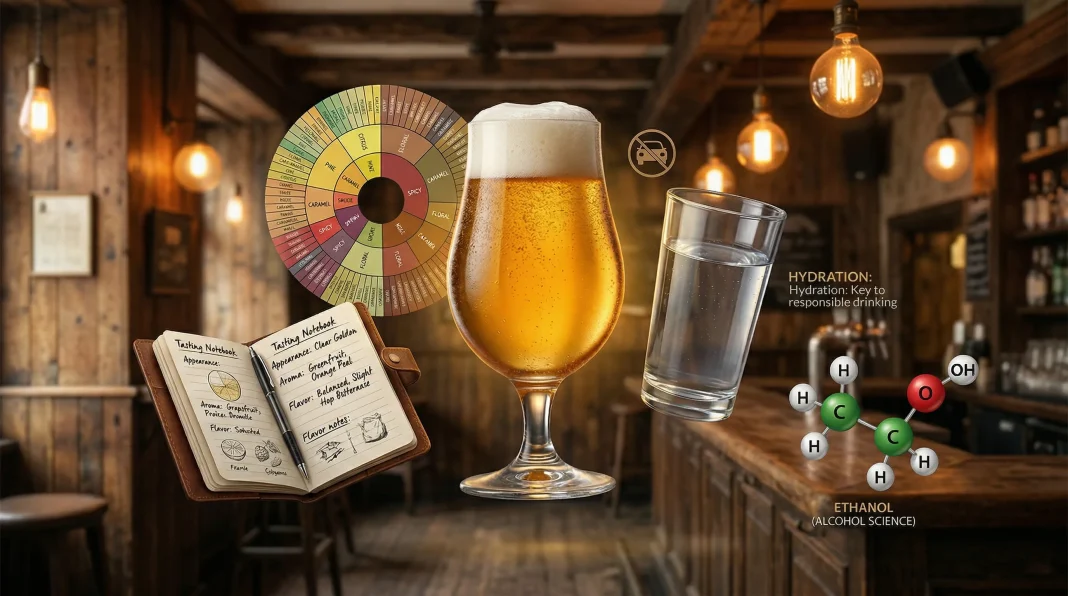 A glass of beer floats with an aroma wheel and alcohol molecules in the warm atmosphere of a pub.