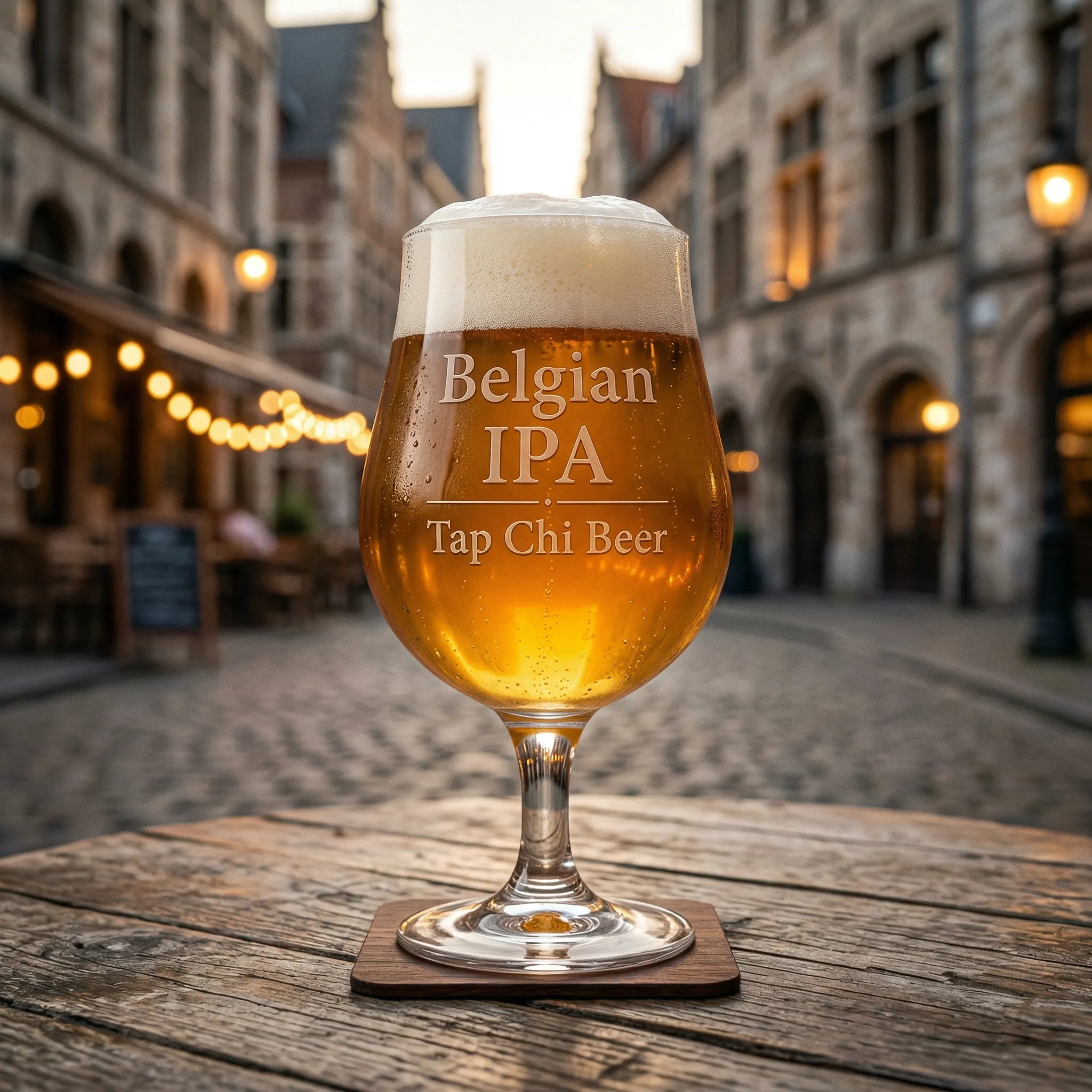Ly Belgian IPA màu hổ phách sáng với bọt trắng dày