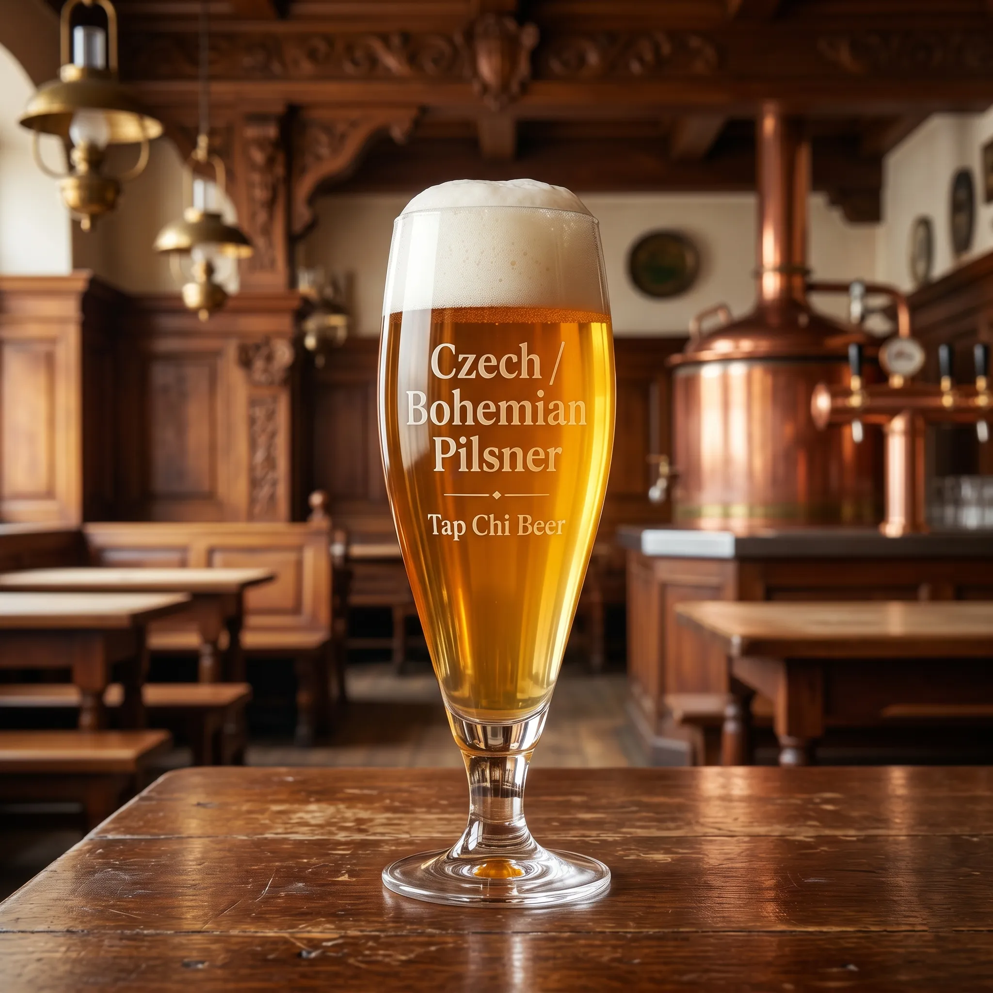 Ly Czech Pilsner màu vàng sáng với bọt trắng dày