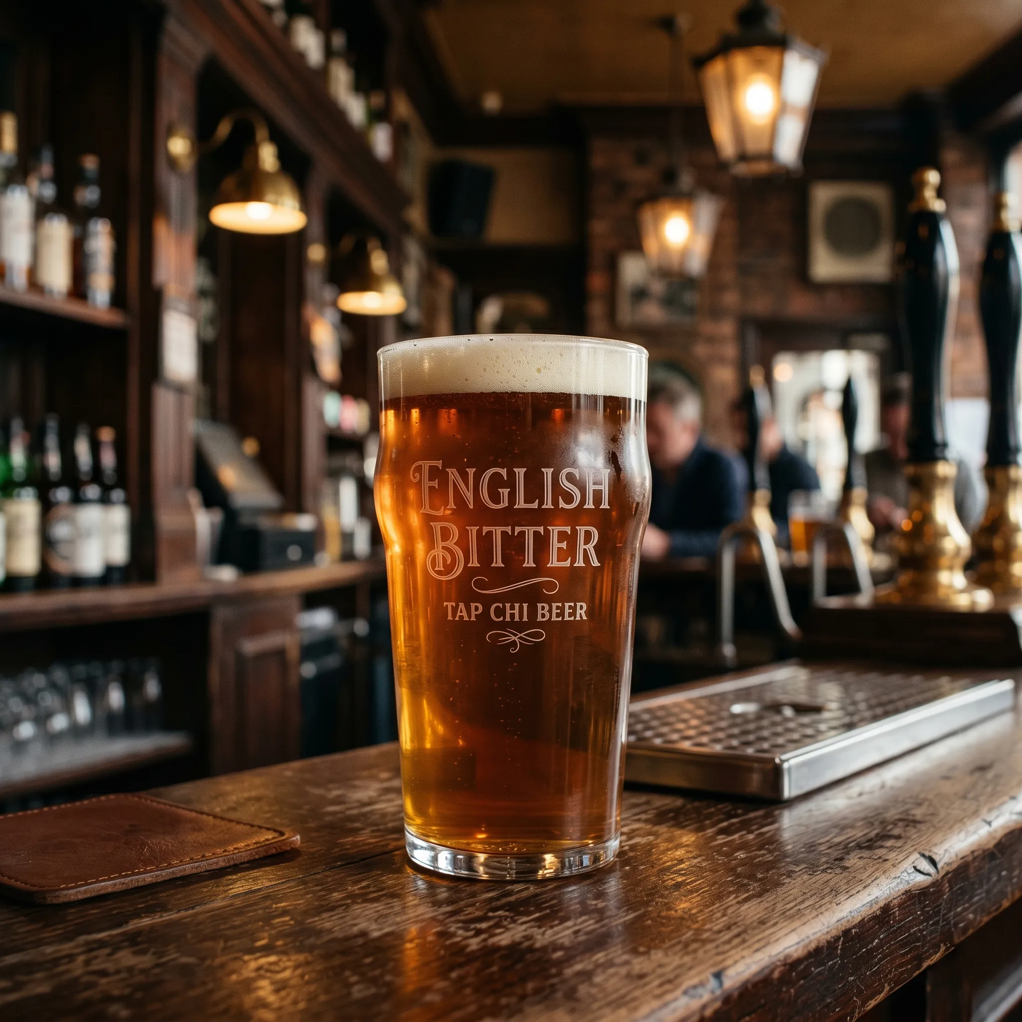 Ly English Bitter màu hổ phách với bọt trắng