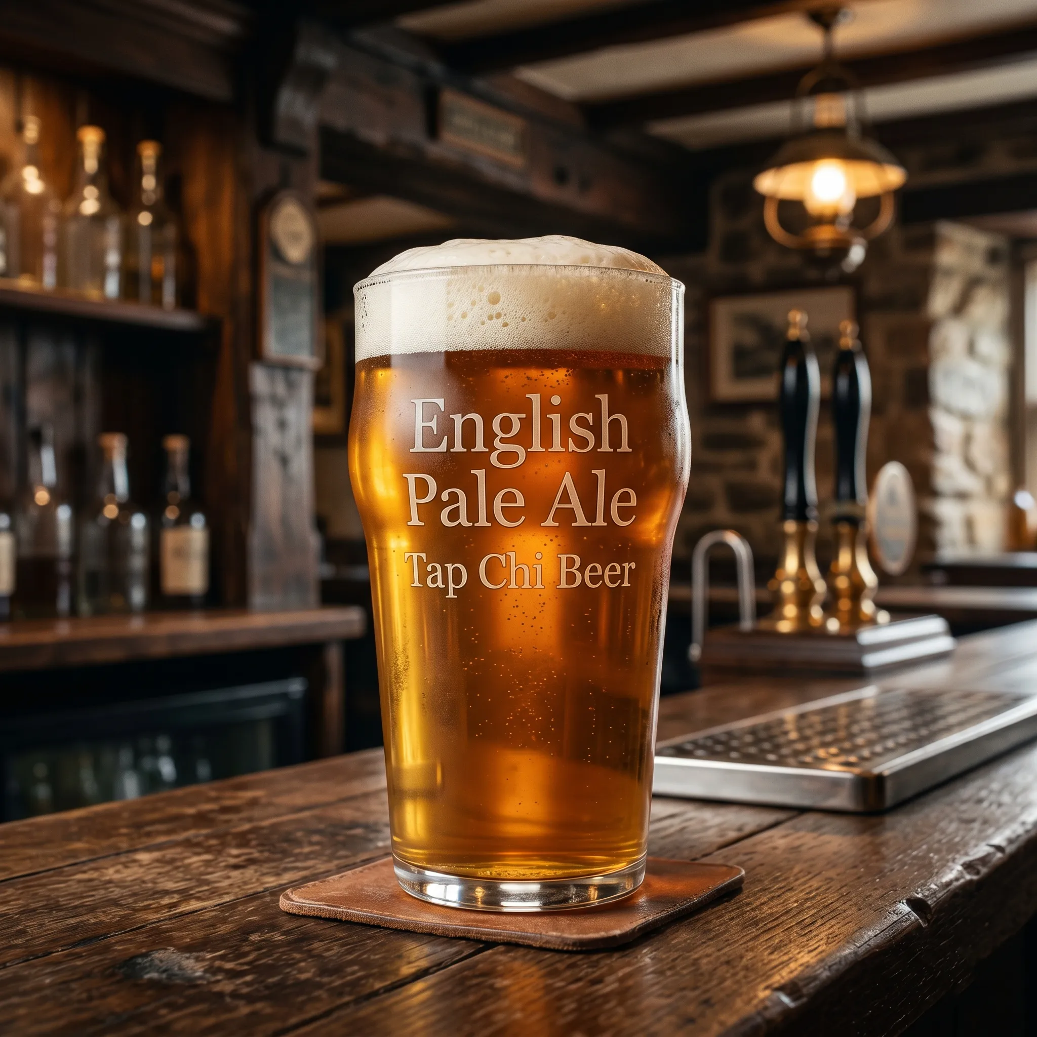 Ly English Pale Ale màu hổ phách với bọt trắng